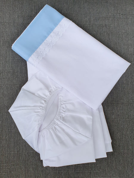 Set de sábanas popelino blancas con celeste para moisés Sabanas - Embarazada - Maternidad - Embarazo - 9lunasshop.com