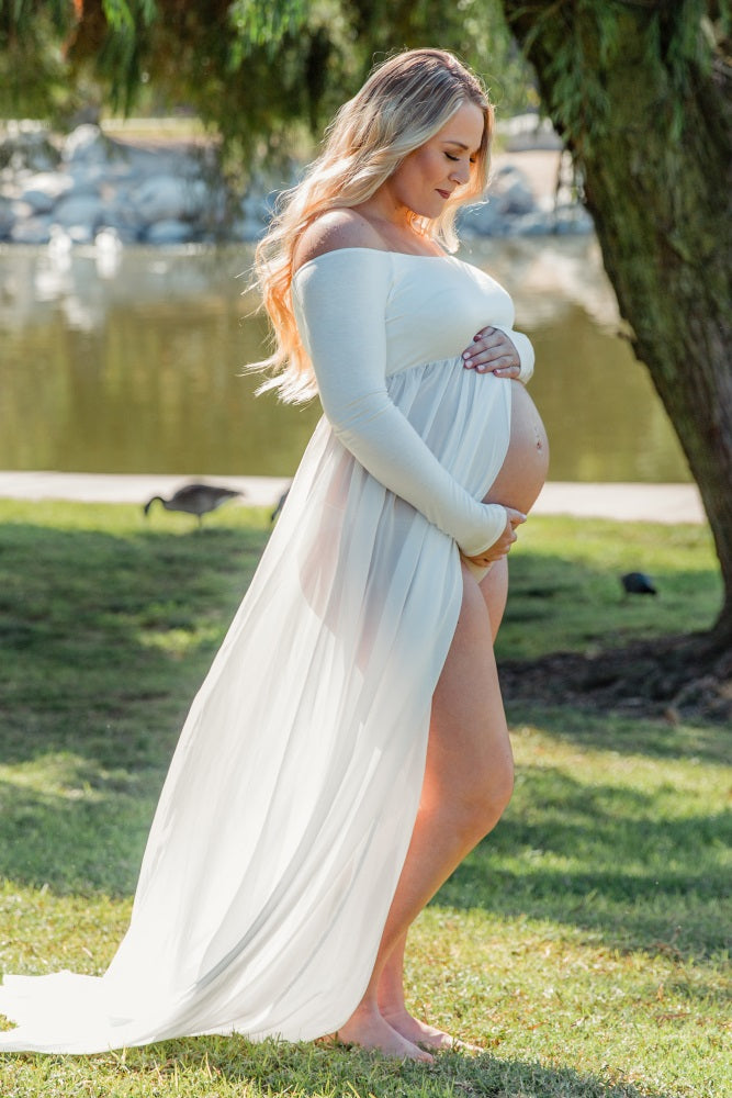tinta Oso Melodrama Vestido largo con mangas para sesión de fotos de embarazo blanco –  9lunasshop.com