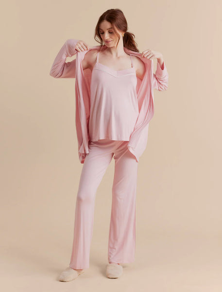 Set de pijama con top de lactancia, pantalón y bata rosado