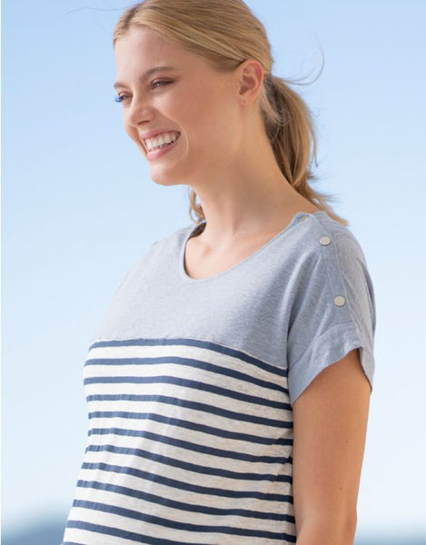 Top Seraphine® Elliot manga corta de embarazo y lactancia con botones en el hombro estampado rayas navy