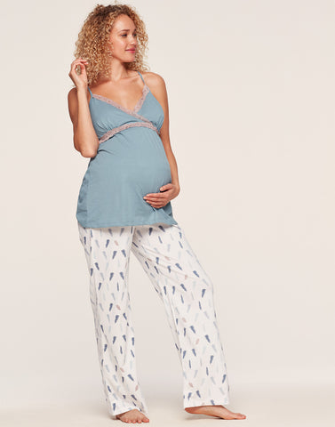 Pijama Materna y de Lactancia Estampado Plumas Azul