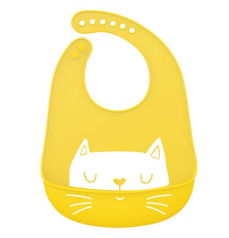 Babero de silicona ajustable y lavable amarillo con gatito