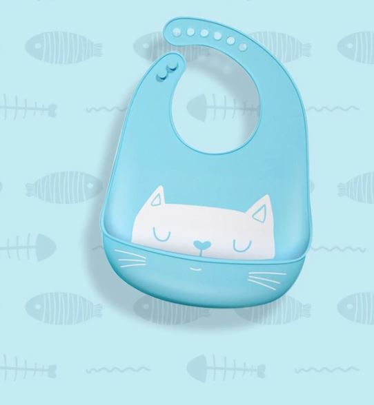 Babero de silicona ajustable y lavable celeste con gatito