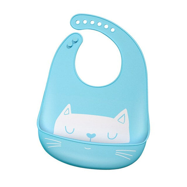 Babero de silicona ajustable y lavable celeste con gatito