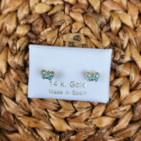 Aretes mariposa celeste con brillante oro 14kt.