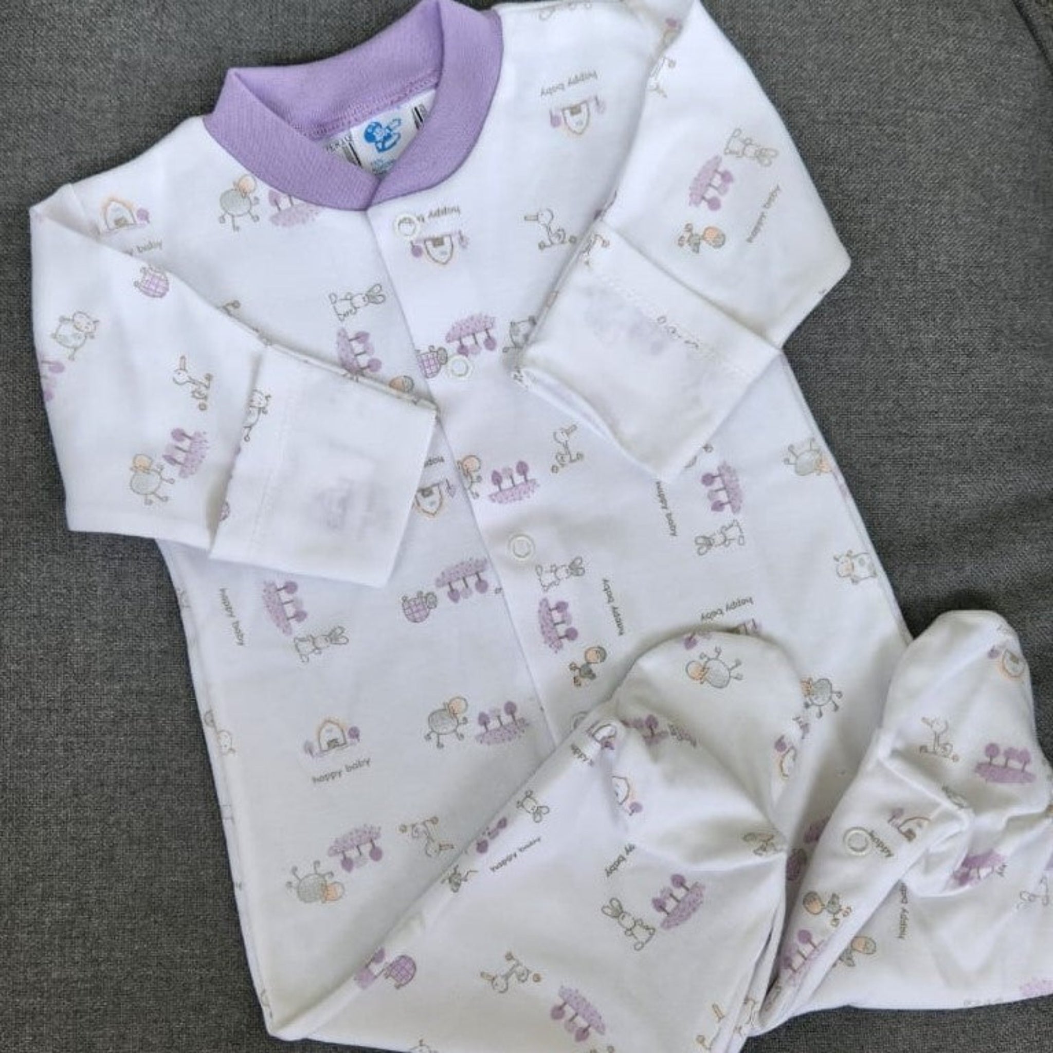 Pijama algodón pima estampado vacas y patos lila