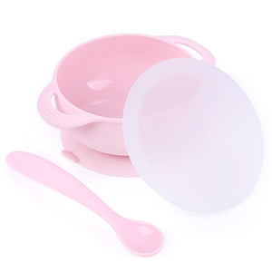 Plato hondo de  silicona con tapa y cuchara color rosado
