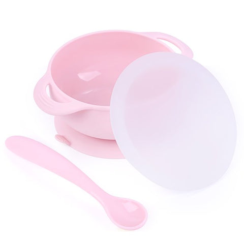 Plato hondo de  silicona con tapa y cuchara color rosado