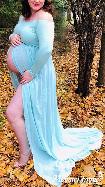 Vestido largo con mangas para sesión de fotos de embarazo celeste