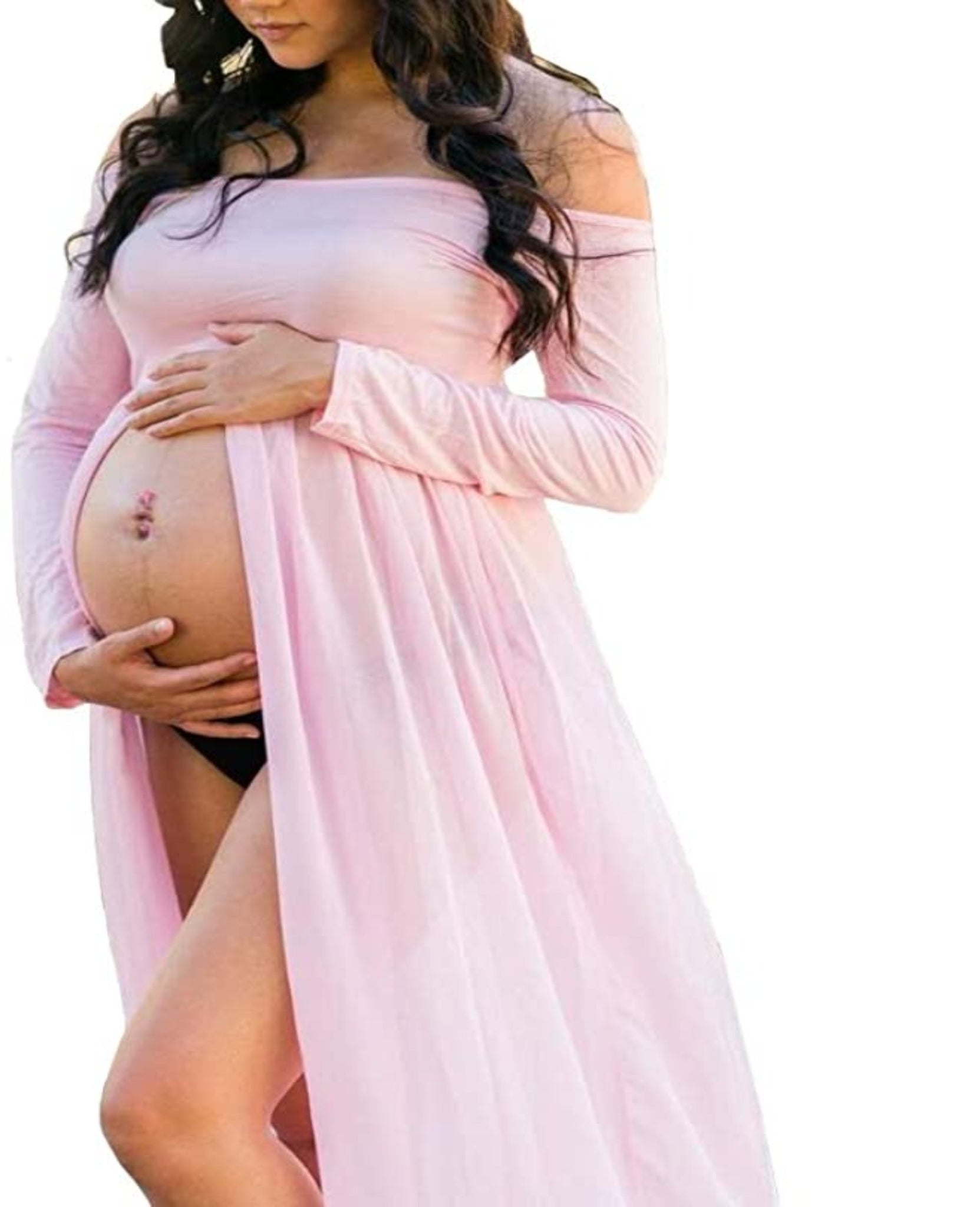 Vestido largo con mangas para sesión de fotos de embarazo rosado