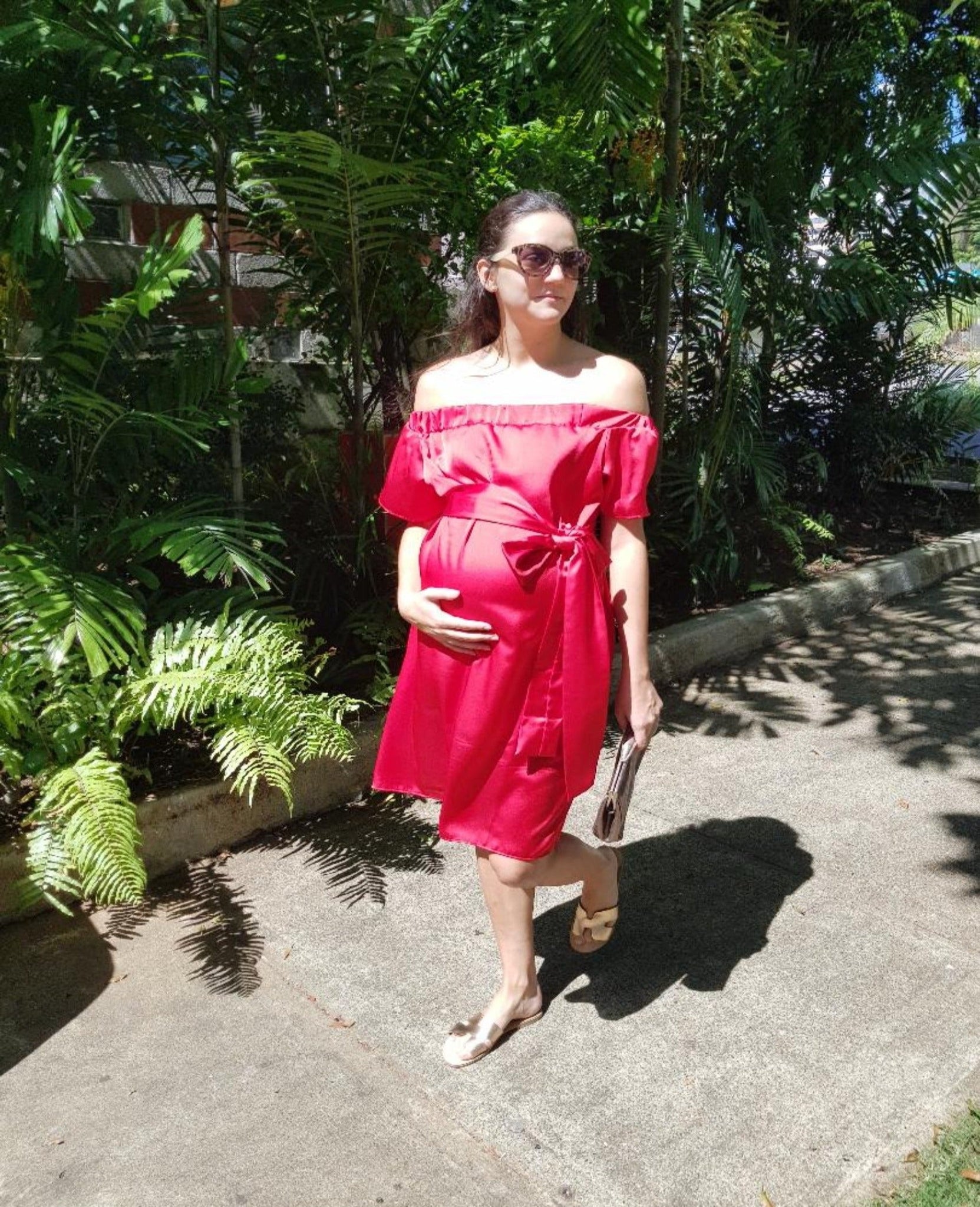 Vestido materno off-shoulder de seda rojo Vestido - Embarazada - Maternidad - Embarazo - 9lunasshop.com