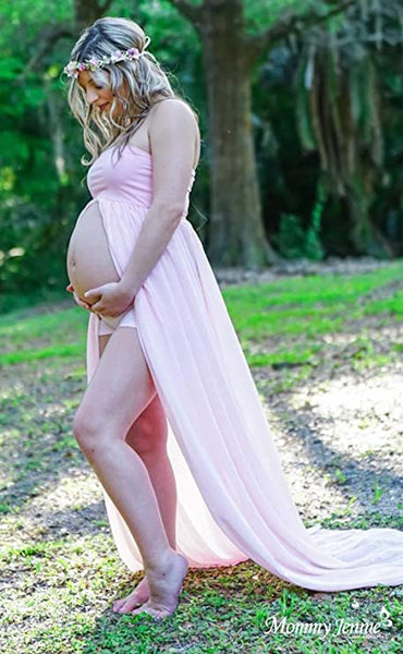 Vestido largo sin mangas para sesión de fotos de embarazo rosado